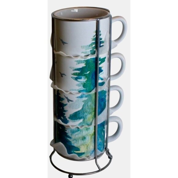 (NWOT) White River Set Of 4 Stackable Ceramic Mugs With Wire Stand Forest Design - Picture 1 of 10